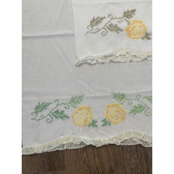 Vintage Embroidery Stitch Yellow Rose Lace Standard Pillow Cases Set Pair Cotton - Picture 3 of 8